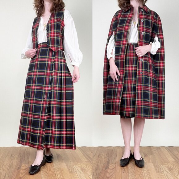 Vintage 4 Piece Wool Matching Set Plaid Kilt Tartan Pleated Cape Skirt Vest Suit - Picture 1 of 16